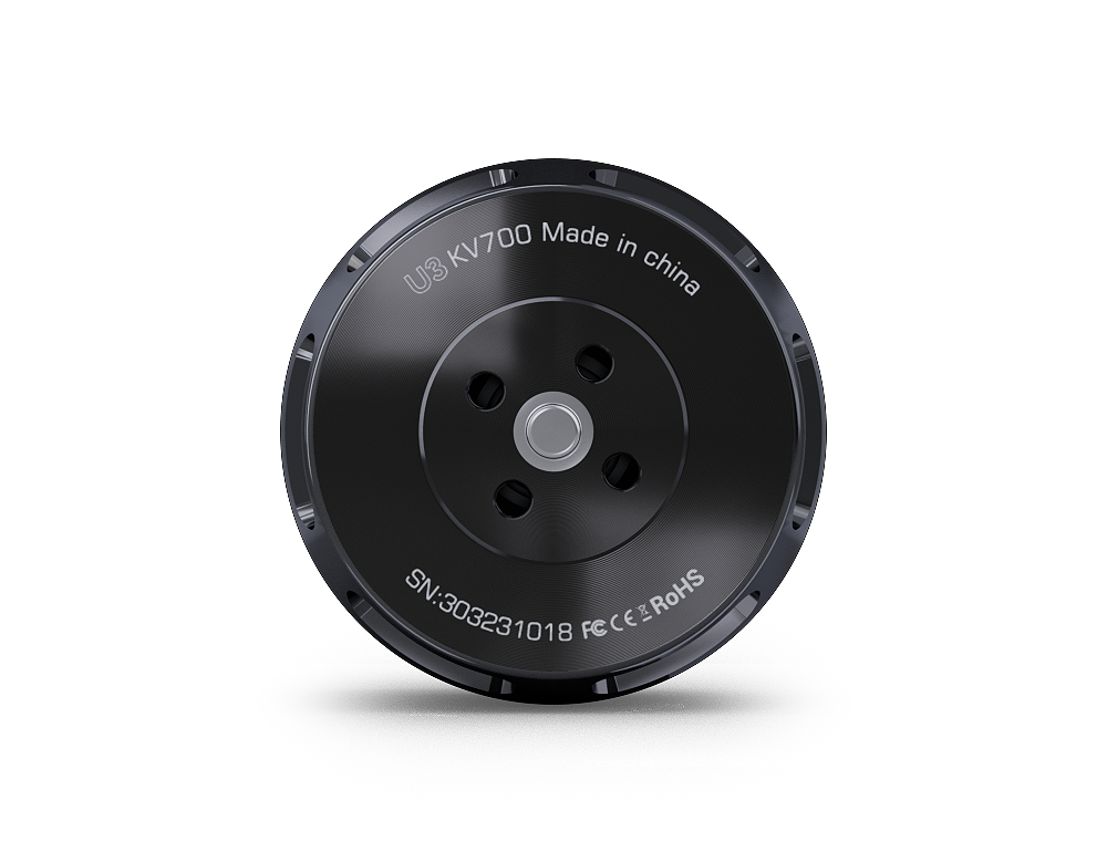 Top view of T-Motor U3 KV700 brushless motor with mounting holes and engraved serial number markings