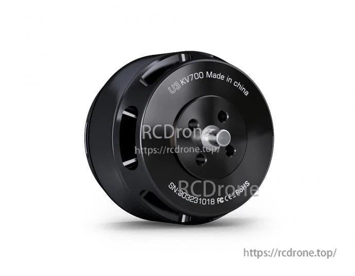 T-Motor U3 KV700 brushless outrunner motor, black housing with top mounting plate and center shaft