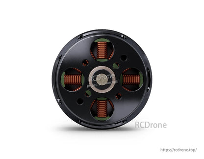 T-Motor brushless drone motor bottom view with black housing, exposed copper windings, and central bearing
