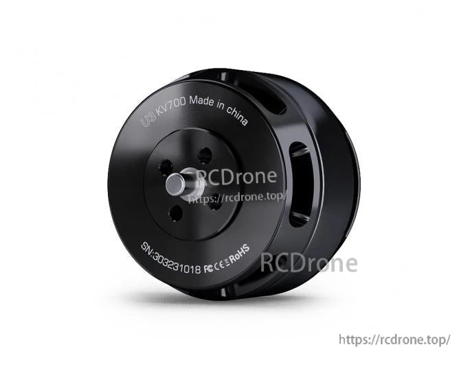 T-Motor U8 KV1700 brushless drone motor in black, front view with output shaft and ventilated housing
