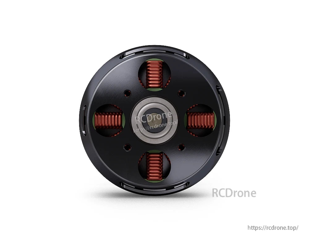 T-Motor brushless drone motor close-up showing the bottom plate, exposed copper windings, and center bearing