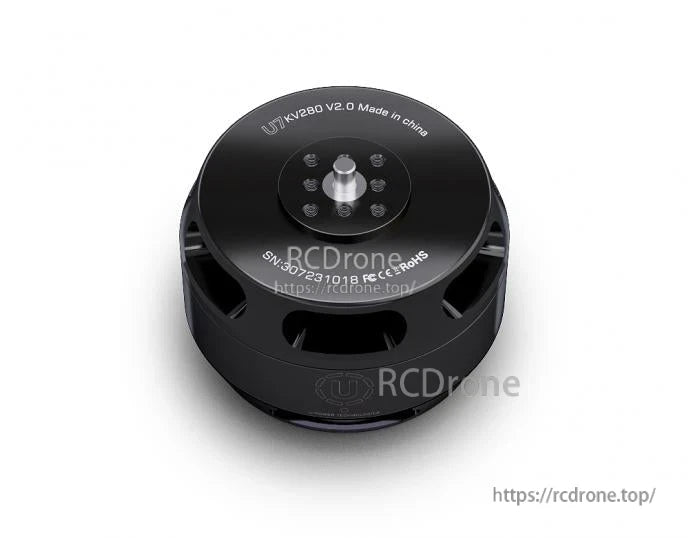 T-Motor U7 KV280 V2.0 brushless drone motor, black housing with top shaft and mounting bolt pattern