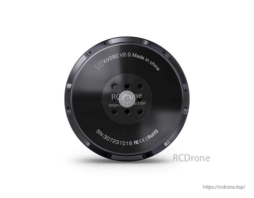 Top view of T-Motor U7 KV280 V2.0 brushless motor bell with mounting holes and etched model text