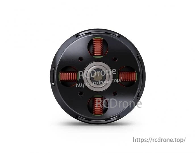 T-Motor brushless drone motor top view with copper windings inside a black round housing