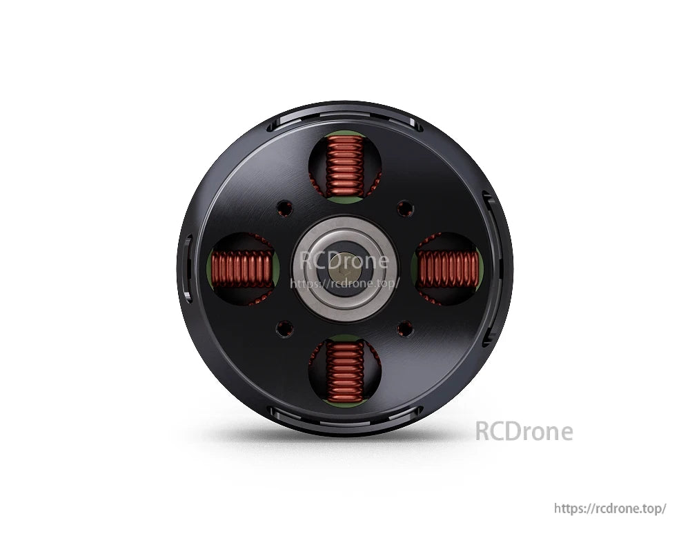 Bottom view of a T-Motor brushless drone motor with black housing, exposed copper windings, and center bearing