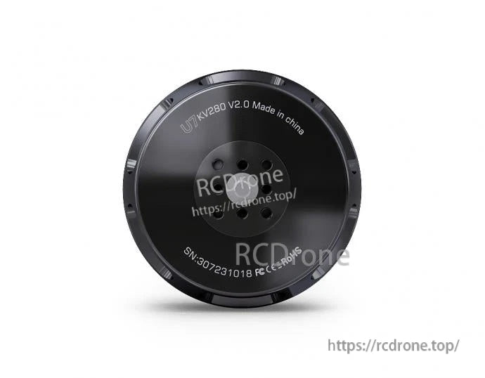 Top view of T-Motor U7 KV280 V2.0 brushless motor can with mounting holes and printed model text