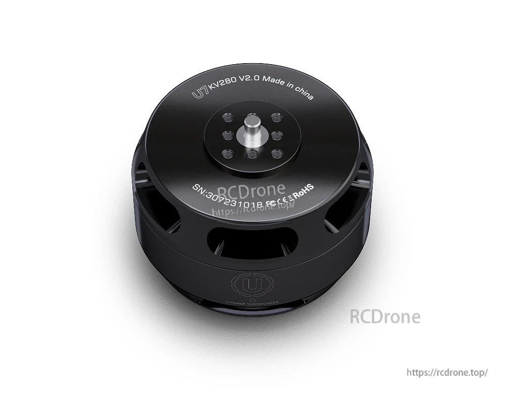 T-Motor U7KV280 V2.0 black brushless drone motor top view with mounting holes and center shaft