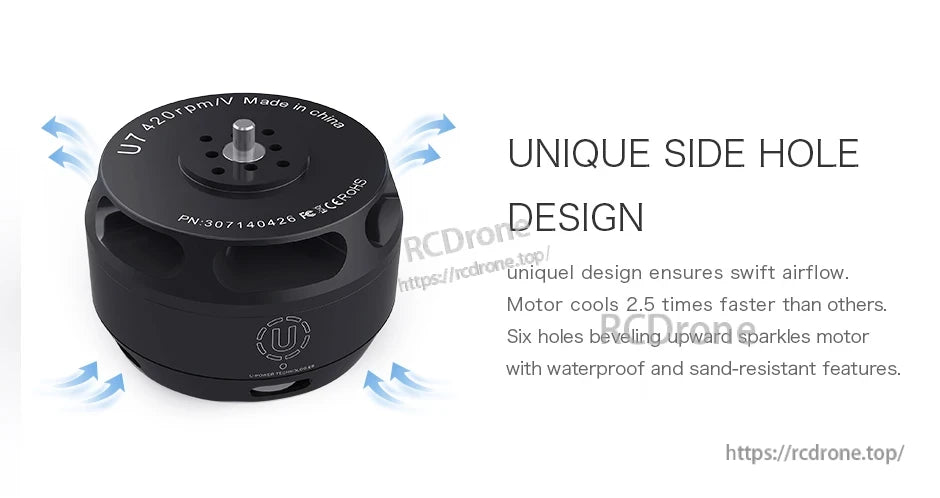 T-Motor U7 brushless drone motor with unique side-hole housing design and 420KV marking on top