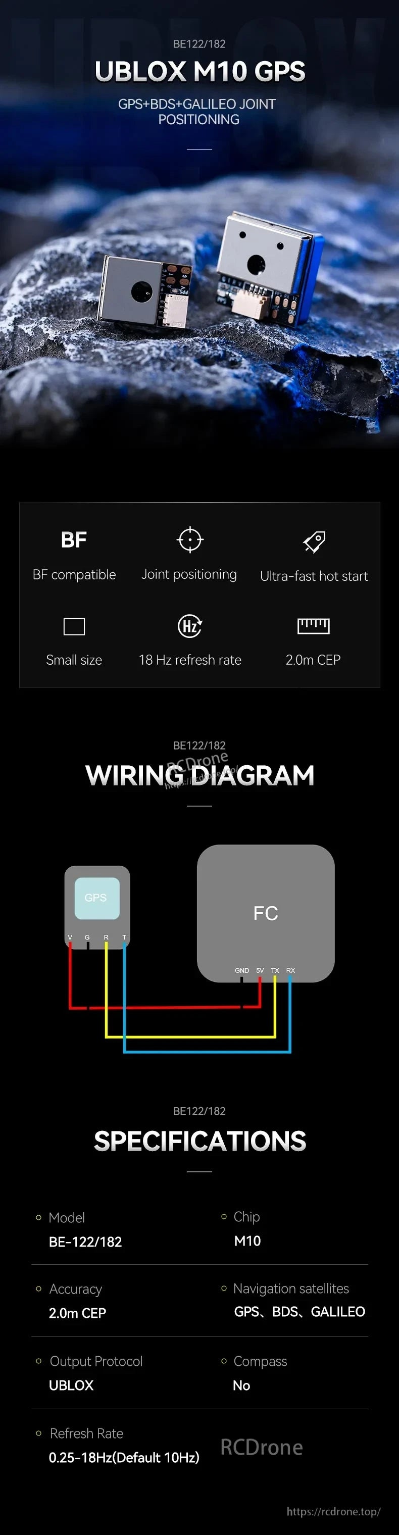 T-Motor UBLOX M10 GPS module with wiring diagram to flight controller and key specs (GPS/BDS/Galileo, up to 18Hz)