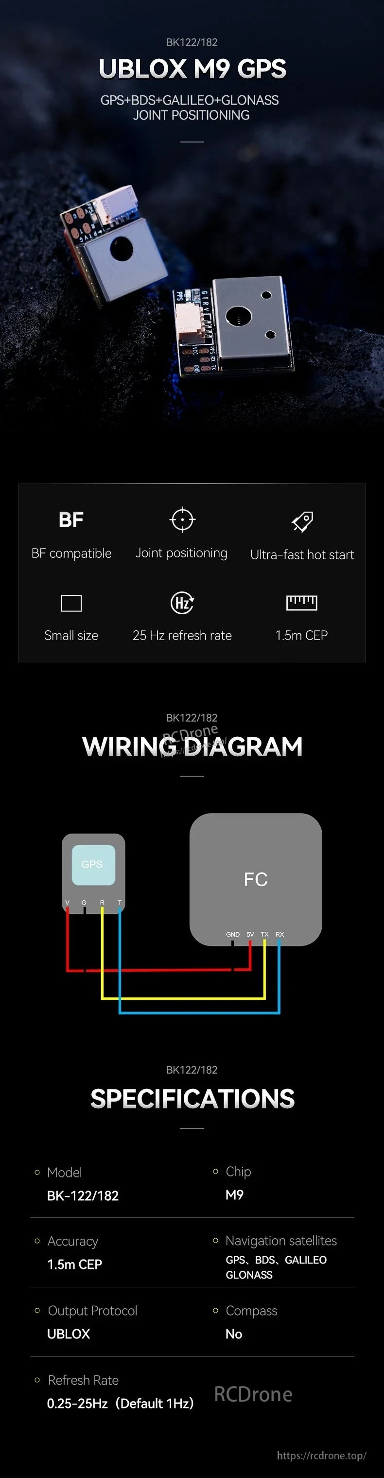 T-Motor Ublox M9 GPS, T-Motor u-blox M9 GPS module with wiring diagram and specs, showing V/G/R/T to FC GND/5V/TX/RX pins