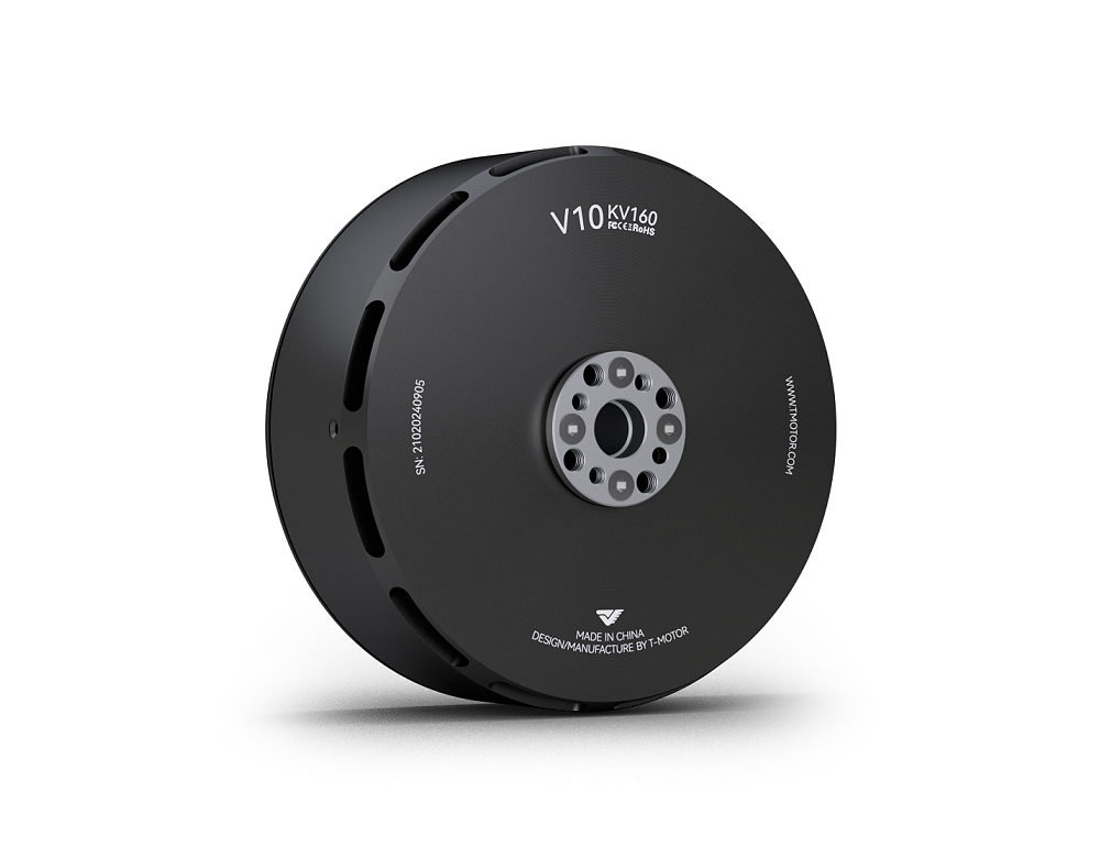 T-Motor V10 KV160 brushless motor with black disc housing and central multi-hole mounting hub