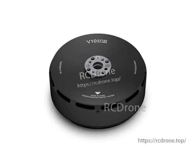 Top view of T-Motor V10 KV160 brushless motor with circular mounting hole pattern and vented black housing