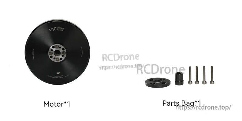 T-Motor V10 KV160 brushless motor with mounting hardware, including adapter plate, spacer, and four screws