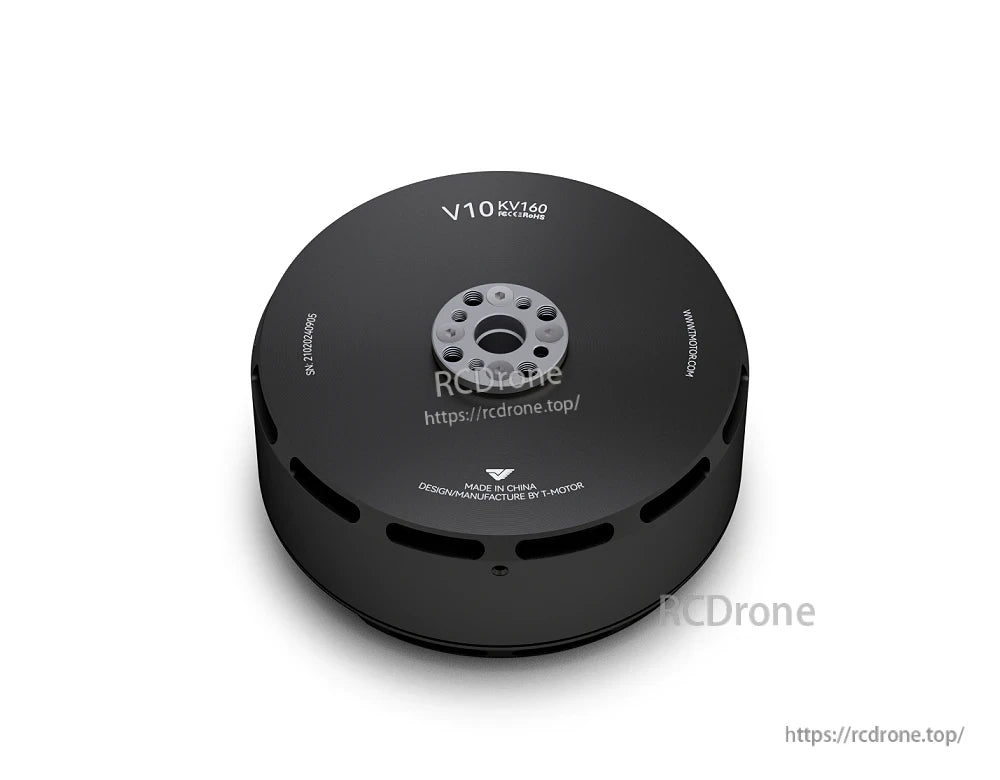 Top view of T-Motor V10 KV160 brushless motor with central mounting hub and ventilation slots
