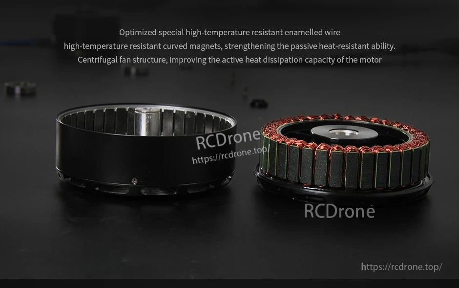 Disassembled T-Motor V10 KV160 brushless motor showing rotor can, magnets, and copper-wound stator