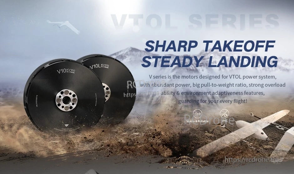T-Motor VTOL Series V10 KV160 brushless motor with mounting hub, shown with “Sharp Takeoff Steady Landing” graphic