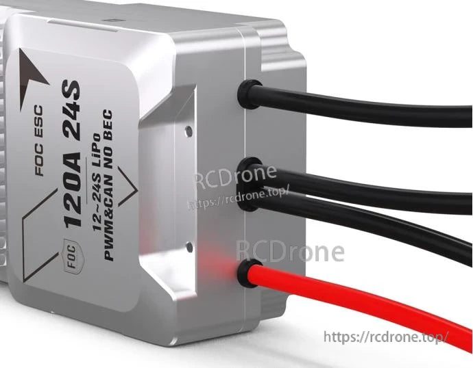 T-Motor V120A 24S UAV ESC in aluminum case with power and signal wires, labeled 120A 12–24S LiPo PWM/CAN