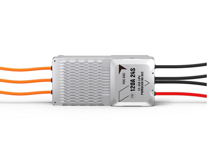 T-Motor V120A 24S UAV ESC, T-Motor V120A 24S UAV FOC ESC in aluminum case with orange motor leads and red/black power wires