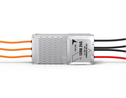 T-Motor V120A 24S UAV ESC, T-Motor V120A 24S UAV FOC ESC in aluminum case with orange motor leads and red/black power wires