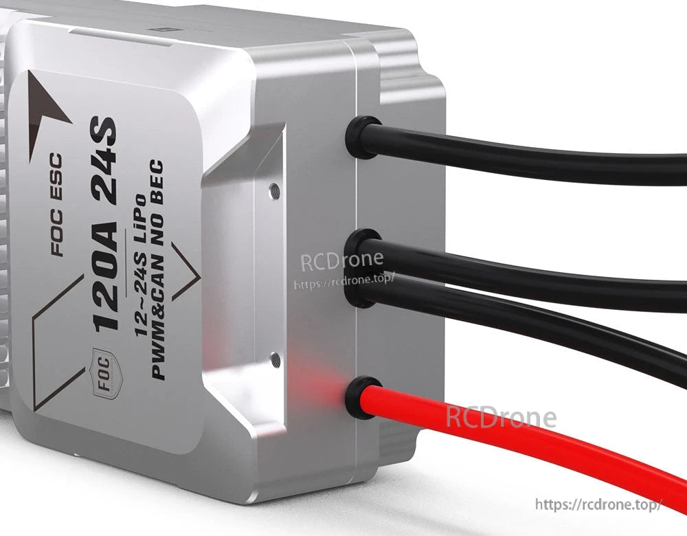 T-Motor V120A 24S UAV ESC, T-Motor V120A 24S UAV FOC ESC labeled 120A, 12–24S LiPo, PWM & CAN, no BEC, with heavy power leads