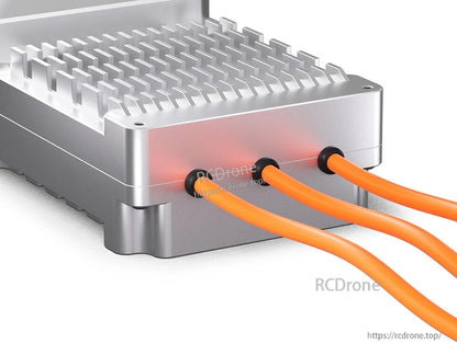 T-Motor V120A 24S UAV ESC with finned aluminum heatsink case and three orange motor wires through grommets