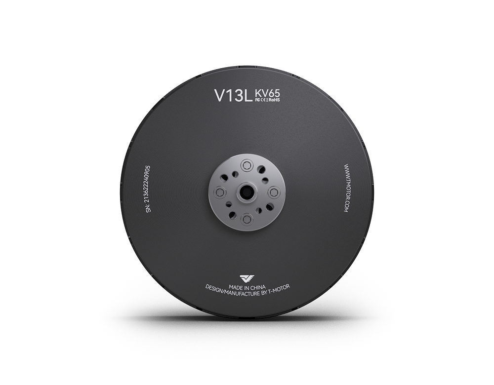 Top view of T-Motor V13L KV65 brushless drone motor bell with central mounting hub and bolt pattern