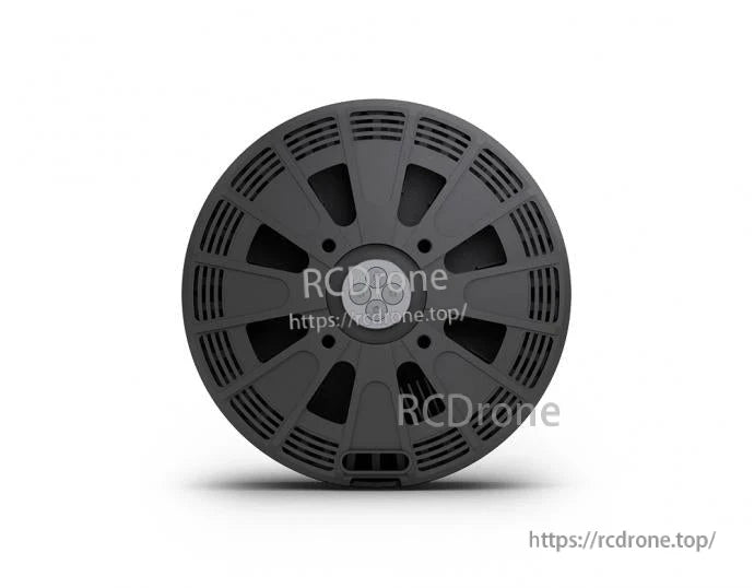 Top view of a black T-Motor drone motor housing with radial vents and a central mounting hub