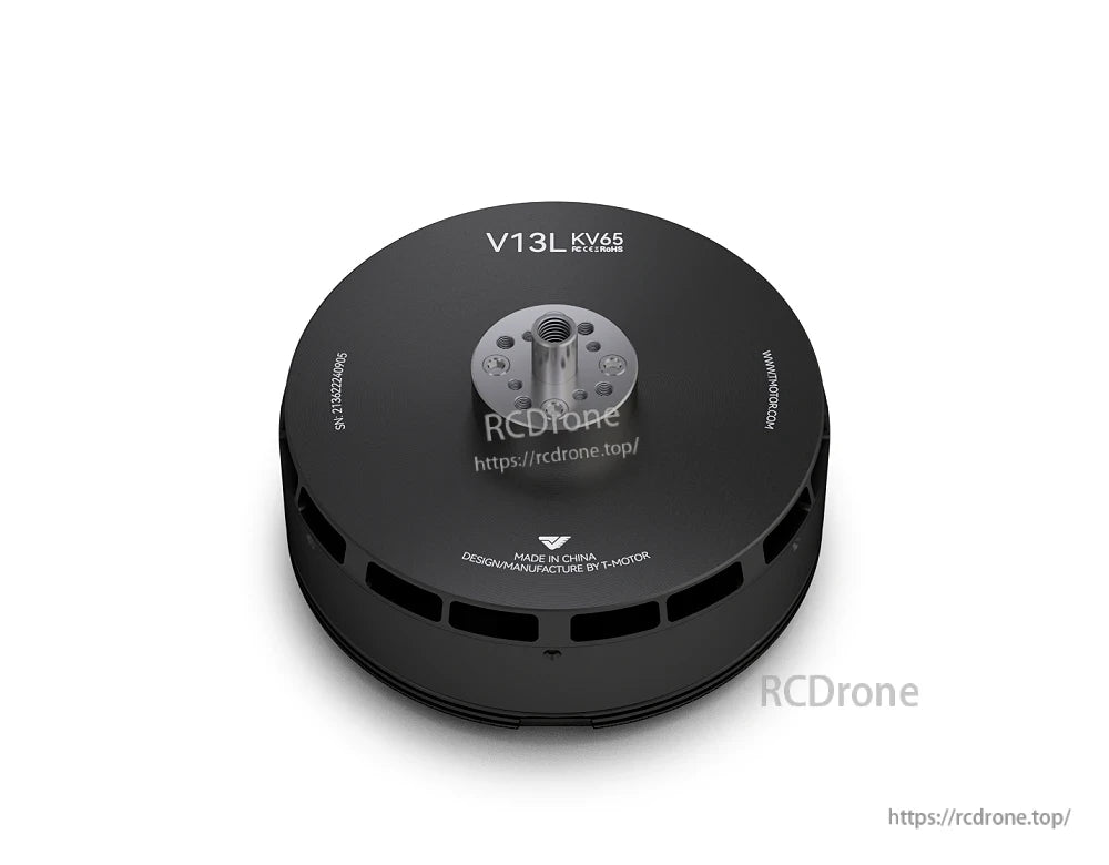T-Motor V13L KV65 drone motor top view with threaded shaft mount and vented black housing