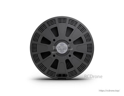 Top view of a black T-Motor drone motor housing with radial ventilation slots and central mounting hub