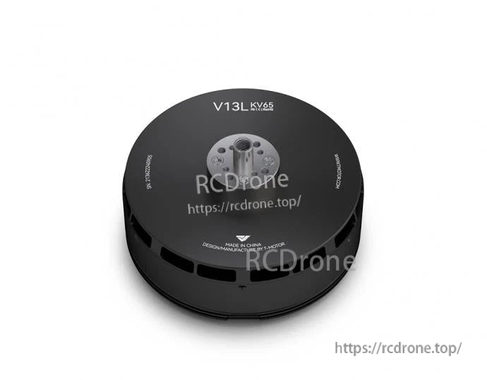 Top view of black T-Motor V13L KV65 brushless drone motor with central mounting hub and vented casing