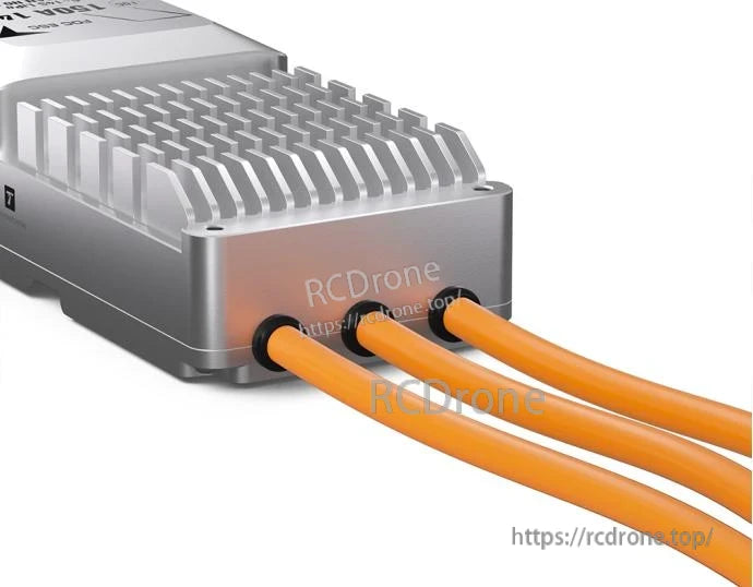 T-Motor V150A 14S UAV ESC with finned aluminum heatsink case and three thick orange power leads