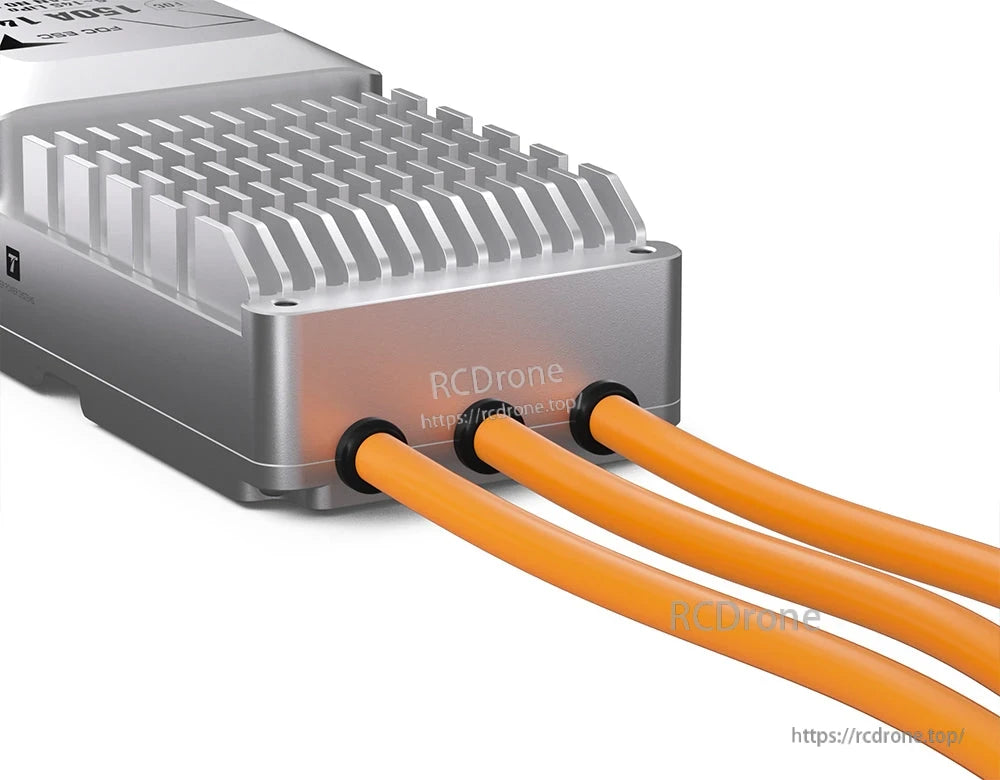 T-Motor V150A 14S UAV ESC with finned aluminum heatsink case and three orange motor wires exiting the housing