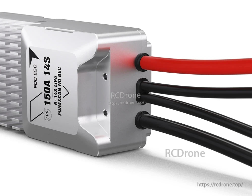 T-Motor V150A 14S UAV ESC with aluminum heatsink, 150A label, red and black power leads, PWM & CAN
