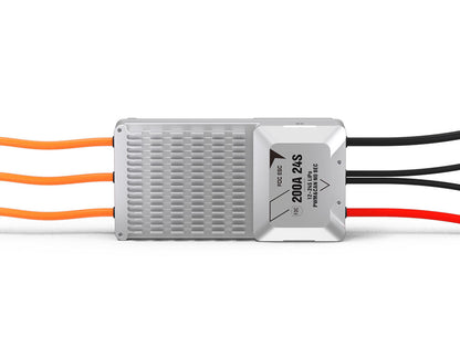 T-Motor V200A 24S UAV ESC with finned aluminum case, 200A 24S FOC label, and multiple power/signal leads