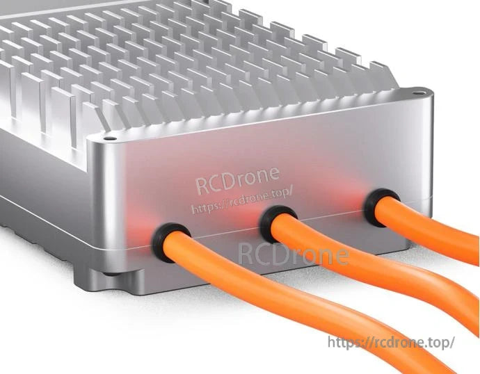 T-Motor V200A 24S UAV ESC, T-Motor V200A UAV ESC in silver aluminum heatsink case with three orange motor wires exiting the side