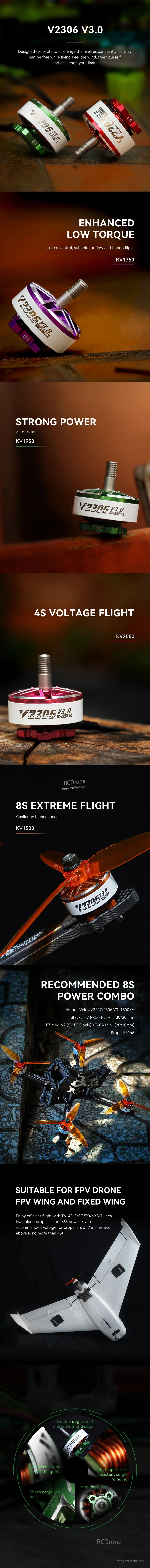 T-Motor V2306 V3.0 brushless FPV drone motor shown in multiple colors with 4S/8S flight callouts