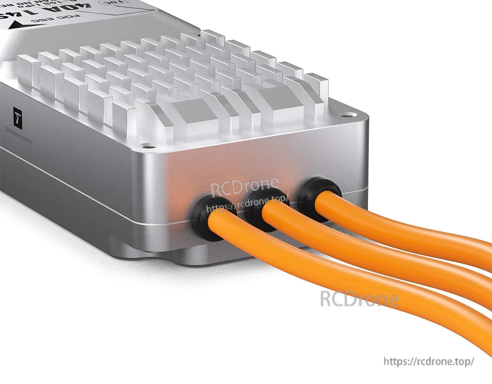 T-Motor V40A 14S UAV ESC, T-Motor V40A UAV ESC with finned aluminum heatsink case and three orange motor wires exiting sealed grommets