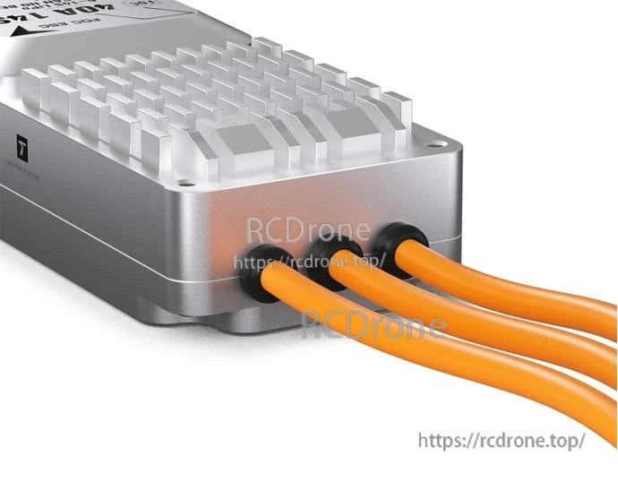 T-Motor V40A 14S UAV ESC, T-Motor V40A UAV ESC in aluminum case with finned heatsink and thick orange motor wires exiting the side