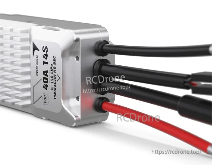 T-Motor V40A 14S UAV ESC, T-Motor V40A 14S FOC UAV ESC with finned aluminum case and three heavy-gauge wires, labeled PWM/CAN no BEC