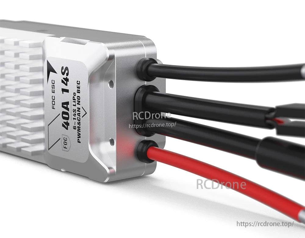 T-Motor V40A 14S UAV ESC, T-Motor V40A 14S FOC UAV ESC with heatsink and integrated wiring, labeled 6–14S LiPo PWM/CAN no BEC