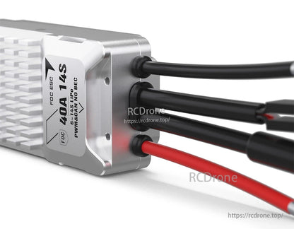 T-Motor V40A 14S UAV ESC, T-Motor V40A 14S FOC UAV ESC with heatsink and integrated wiring, labeled 6–14S LiPo PWM/CAN no BEC