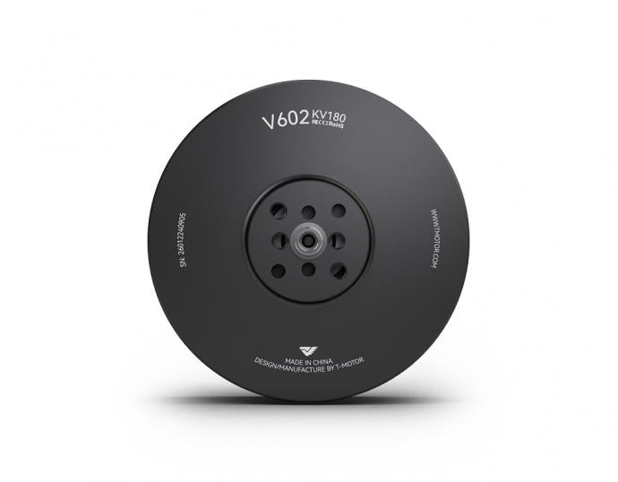 Top view of T-Motor V602 KV180 brushless motor with black bell housing and centered mounting hub