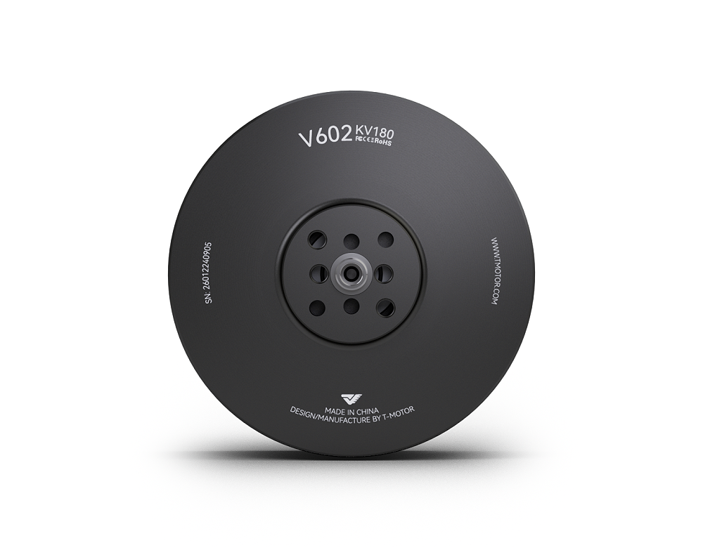 Top view of T-Motor V602 KV180 black brushless motor with central shaft and mounting hole pattern