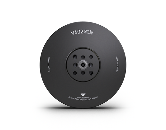 Top view of T-Motor V602 KV180 black brushless motor with central shaft and mounting hole pattern
