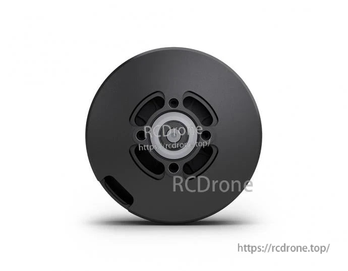 Top view of a black T-Motor brushless drone motor with central shaft hub, mounting holes, and vent cutouts