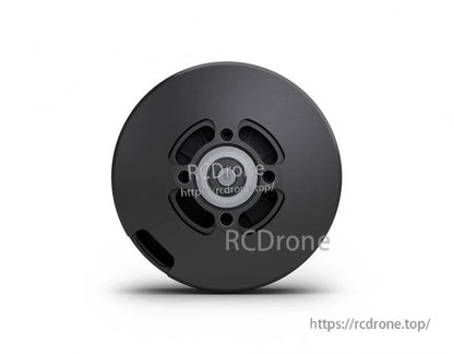 Top view of a black T-Motor brushless drone motor with central shaft hub, mounting holes, and vent cutouts