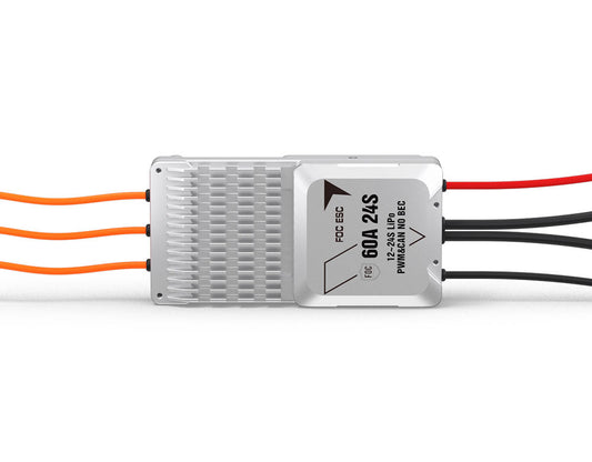 T-Motor V60A 24S UAV ESC, T-Motor V60A 24S FOC ESC 60A with finned aluminum heatsink, three motor leads, and power cables