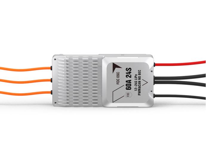 T-Motor V60A 24S UAV ESC, T-Motor V60A 24S UAV FOC ESC with finned heatsink housing, 60A label, and motor/power wires