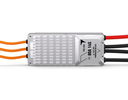 T-Motor V80A 14S UAV FOC ESC, T-Motor V80A 14S FOC UAV ESC with finned aluminum heatsink and connected power, signal, and motor wires