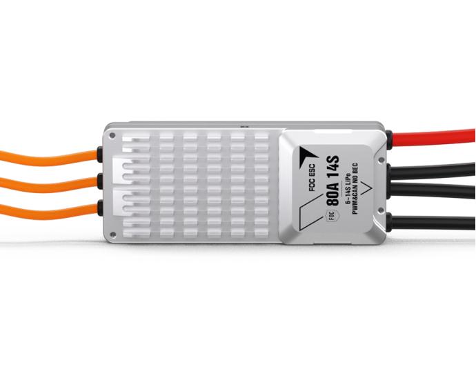 T-Motor V80A 14S UAV FOC ESC, T-Motor V80A 14S FOC UAV ESC with finned aluminum case, three motor phase wires and red/black power leads